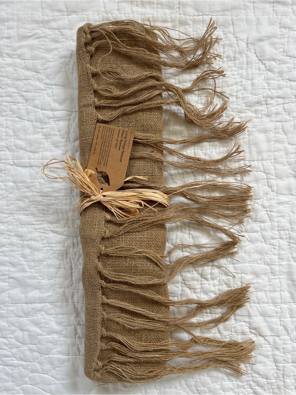 NWT Pottery Barn 100% Jute Long Fringe Natural Fiber Table Runner Burlap 18 x 90